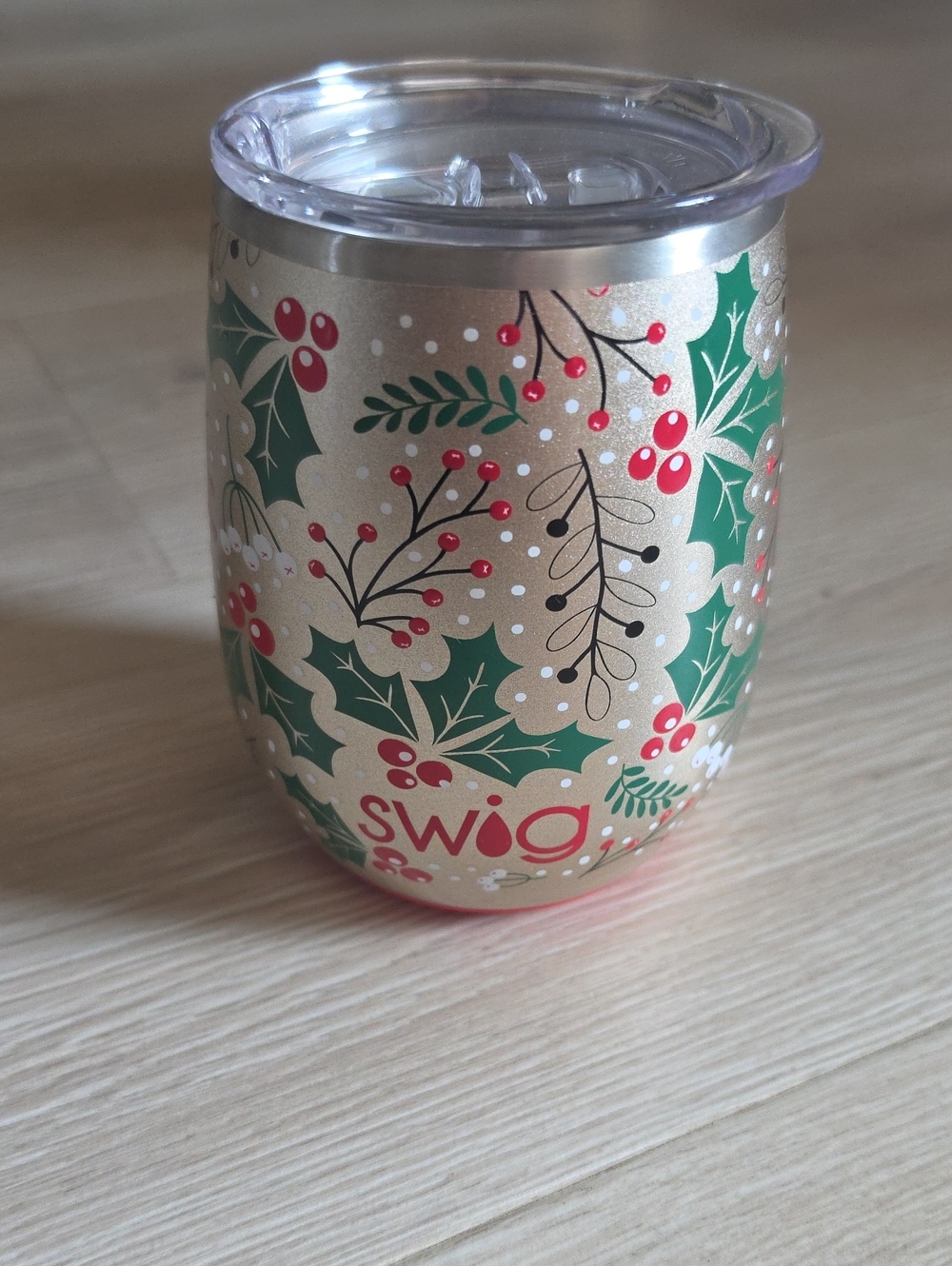 Swig Holiday Stemless Tumbler - Gold with Red & Green Holly